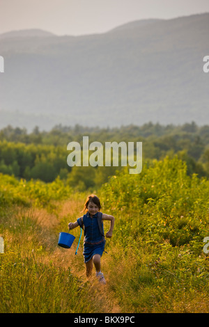 Ein junges Mädchen läuft durch ein Feld auf einem Hügel in Alton, New Hampshire. Stockfoto