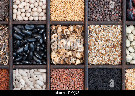 Auswahl von Gemüse- und Blumensamen in einem hölzernen Fach flach Fotografie von oben legen Stockfoto