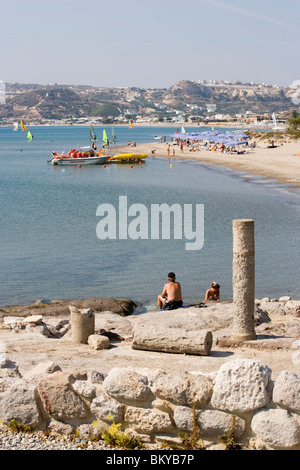 Blick von der Kirche Agios Stefanos Kefalos Beach, Kos, Griechenland Stockfoto