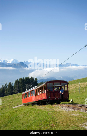 Zahnradbahn Vitznau-Rigi-Bahn, der ersten Bergbahn Europas, auf dem Weg, Rigi Kulm, Kanton Schwyz, Schweiz Stockfoto