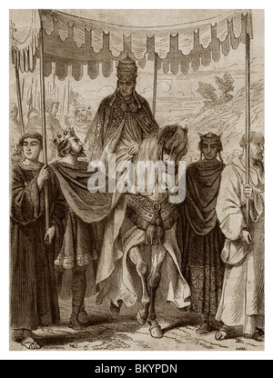 In Richtung 1162 in Sens wurde Papst Alexander III mit großen Ehren empfangen, durch König Louis Jung und König Henry II von England. Stockfoto
