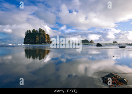 Weinend Lady Rock spiegelt auf Washingtons zweiter Strand mit den Offshore-Quillayute Nadeln in Olympic Nationalpark Stockfoto