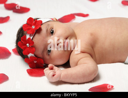 entzückende kleine Hispanic neugeborenes Baby liegend auf weißem Hintergrund mit Rosenblüten Stockfoto