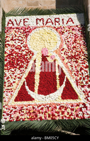 Mosaik aus mit Blumen zu Ehren die Jungfrau Maria an der Fassade der Kathedrale von Caceres, Spanien Stockfoto