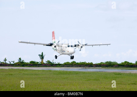 Landung der Air Seychelles DHC-6 Twin Otter Flugzeug, Flughafen von Praslin, Insel Praslin, Seychellen Stockfoto