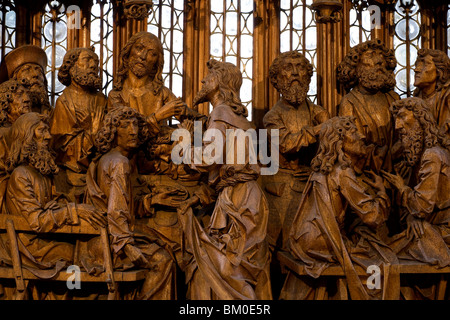 Heiliges Blut Altarbild, Detail des letzten Abendmahls von Holzschnitzers Tilman Riemenschneider in der St. Jakob Kirche in Rothenburg ob Stockfoto