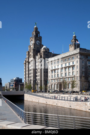 Royal Liver Building und Cunard Building mit neuer Leeds-Liverpool Kanal Erweiterung im Vordergrund, Liverpool, England Stockfoto