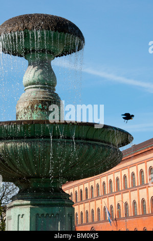 Ludwig-Maximilians-Universität Gebäude mit Brunnen in München. Stockfoto