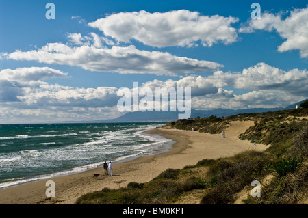 Paare, die ihren Hund an einem sonnigen Februartag an der Playa Artola, Cabopino, Andalusien, Spanien Stockfoto