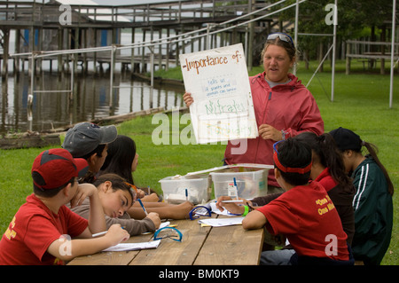 Die Schüler der spanischen Mittelschule machen sich Notizen, während ein Lehrer in einem Outdoor-Lernzentrum in Texas über die Wasserqualität spricht. ©Bob Daemmrich Stockfoto