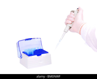 Hand, die Pipette mit blauen Spitzen. Isoliert auf weiss mit Beschneidungspfad, Labor-Konzept. Stockfoto