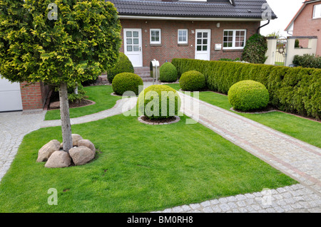 Formaler Garten mit Rasen und geformte boxwoods Stockfoto