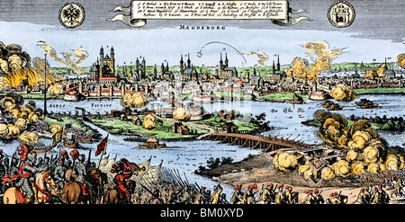 Herbst Magdeburg flämischen General Tilly, die Massaker der Bürger, der Dreißigjährige Krieg, 1631. Hand - farbige Gravur Stockfoto