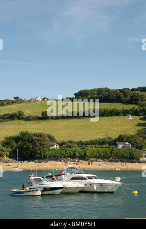 Vier unterschiedliche Größe Boote vertäut zusammen mit Strand und Felder, Salcombe, Devon, UK Stockfoto