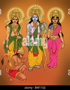 Lord Rama und Sita Göttin mit Lakshmana und Lord Hanuman Stockfoto