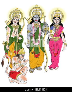 Lord Rama und Sita Göttin mit Lakshmana und Lord Hanuman Stockfoto