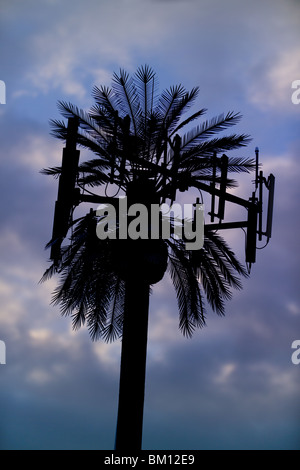 Handy-Transceiver Turm getarnt als eine Palme gegen einen dramatischen Wolkenhimmel, Los Angeles Kalifornien. Stockfoto