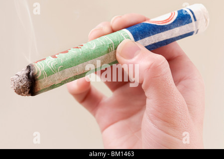 Zarte Frauenhand hält eine pflanzliche Zigarre Stockfoto