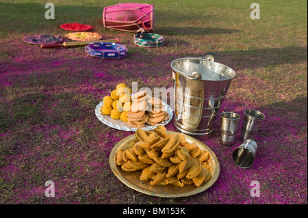 Traditionelle Gerichte der Holi im Rasen Stockfoto