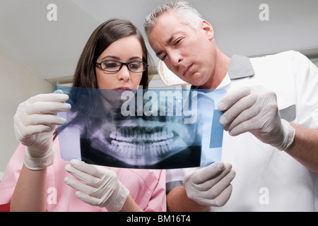 Zwei Zahnärzte, die Prüfung eines Röntgen-Berichts Stockfoto