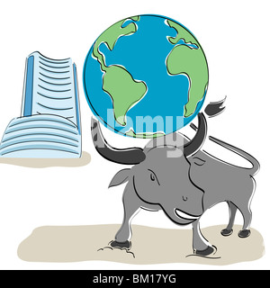 Globus auf Stierkopf mit Bombay Börse Gebäude im Hintergrund Stockfoto