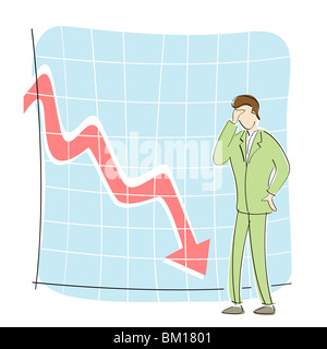 Geschäftsmann, steht man vor einem Liniendiagramm nach unten bewegen Stockfoto