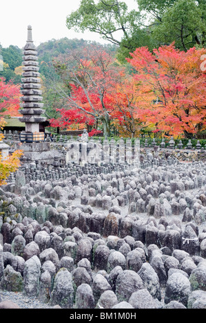 Jizo Steinstatuen und Herbst Ahorn Blätter im Adashino Nenbutsu Dera Tempel, Arashiyama Sagano Bereich, Kyoto, Japan, Asien Stockfoto