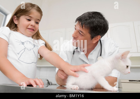 Mädchen im Gespräch mit einem Tierarzt und streicheln einer Katze Stockfoto