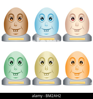 Cartoon-Stil Osterei Kopf sitzt auf einem grauen Basis mit einer leeren Gedenktafel für Text kopieren. Sechs verschiedene Farben. Isoliert auf weiss. Stockfoto