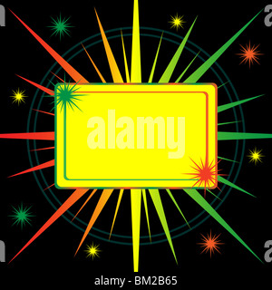 Sterne-Burst in Schattierungen von gelb-Orange und grün mit Platz für Text kopieren. Abstrakter schwarzer Hintergrund. Stockfoto