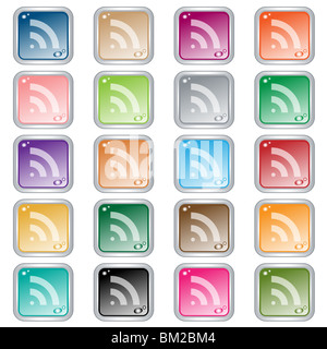RSS-quadratische Web-Schaltflächen festlegen in 20 verschiedenen Farben. Isoliert auf weiss. Stockfoto