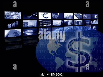 Unternehmen corporate, Weltkarte, mehrere Bildschirm. Metapher, die Mischung aus Foto und Illustration in blauer Farbe Stockfoto