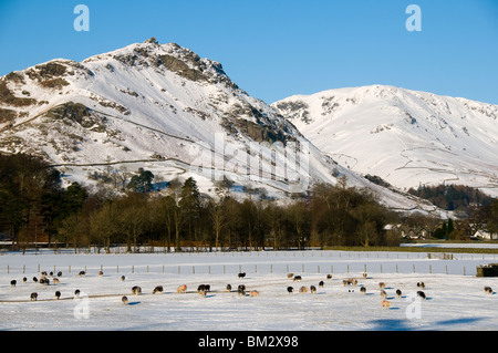 Spitze Felsen, in der Nähe von Grasmere im Winter.  Seenplatte, Cumbria, England, UK Stockfoto