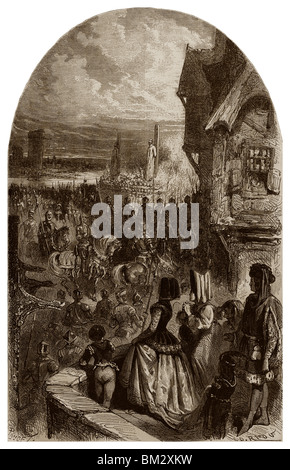 Am 11. März 1314 auf der Pont Neuf in Paris, Jacques de Molay, Großmeister des Templerordens, wurde auf dem Scheiterhaufen verbrannt. Stockfoto