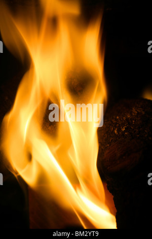 Orange Feuer brennende Flammen auf schwarzem Hintergrund Stockfoto