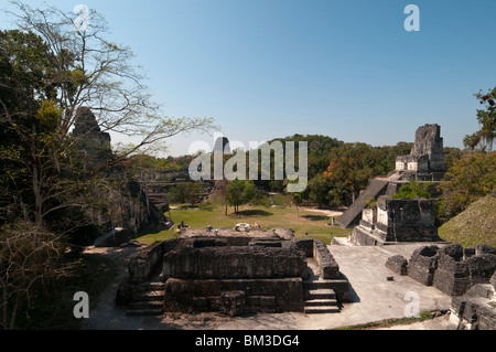 Ansicht des Grand Plaza, Maya-Ausgrabungsstätte von Tikal, Guatemala. Stockfoto