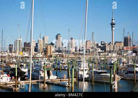 Blick über Westhaven Marina mit der Skyline der Stadt über. Auckland, Nordinsel, Neuseeland Stockfoto