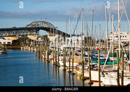 Blick über Westhaven Marina an der Auckland Harbour Bridge. Auckland, Nordinsel, Neuseeland Stockfoto