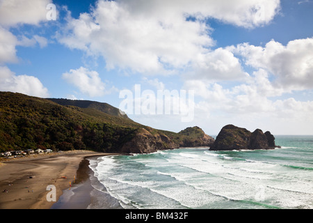 Ansicht von Piha Beach von Lion Rock.  Piha, Waitakere Ranges Regional Park, Auckland, Nordinsel, Neuseeland Stockfoto