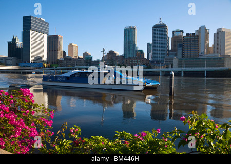 CityCat Fähre und Stadt Skyline von South Bank Parklands betrachtet. Brisbane, Queensland, Australien Stockfoto