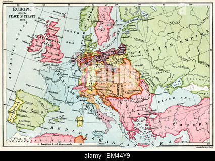 Karte von Europa nach dem Frieden von Tilsit 1807. Stockfoto