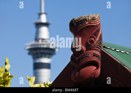 Maori Schnitzen mit dem Sky Tower im Hintergrund. Auckland, Nordinsel, Neuseeland Stockfoto