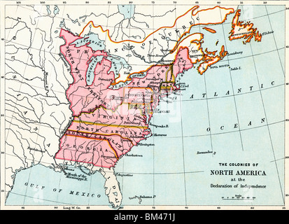 Karte der Kolonien von Nordamerika bei der Unabhängigkeitserklärung 1776. Stockfoto
