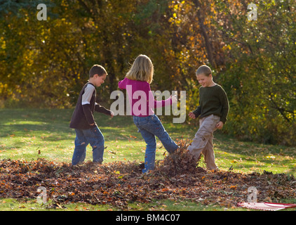 Kinder Rechen und spielen im Herbst Blätter Stockfoto