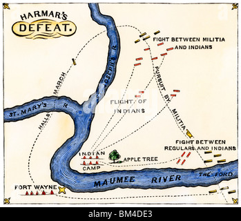 Karte von General Harmar der Niederlage durch die Miami und Shawnee in Fort Wayne, Indiana, 1791. Hand - farbige Holzschnitt Stockfoto