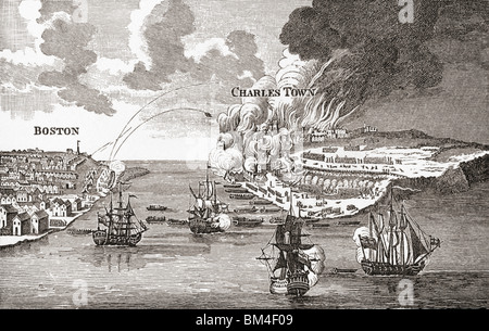Die Schlacht von Bunker Hill und das Verbrennen von Charlestown 1775. Stockfoto