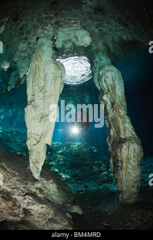 Taucher in Gran Cenote, Tulum, Halbinsel Yucatan, Mexiko Stockfoto