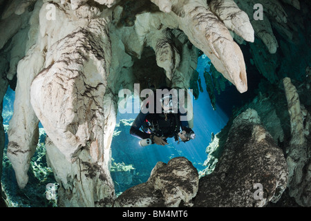 Taucher in Gran Cenote, Tulum, Halbinsel Yucatan, Mexiko Stockfoto