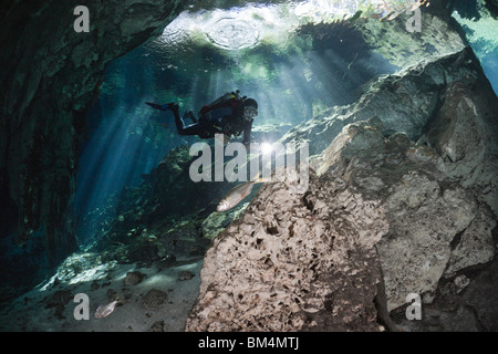 Taucher in Gran Cenote, Tulum, Halbinsel Yucatan, Mexiko Stockfoto