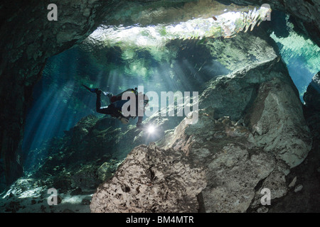 Taucher in Gran Cenote, Tulum, Halbinsel Yucatan, Mexiko Stockfoto